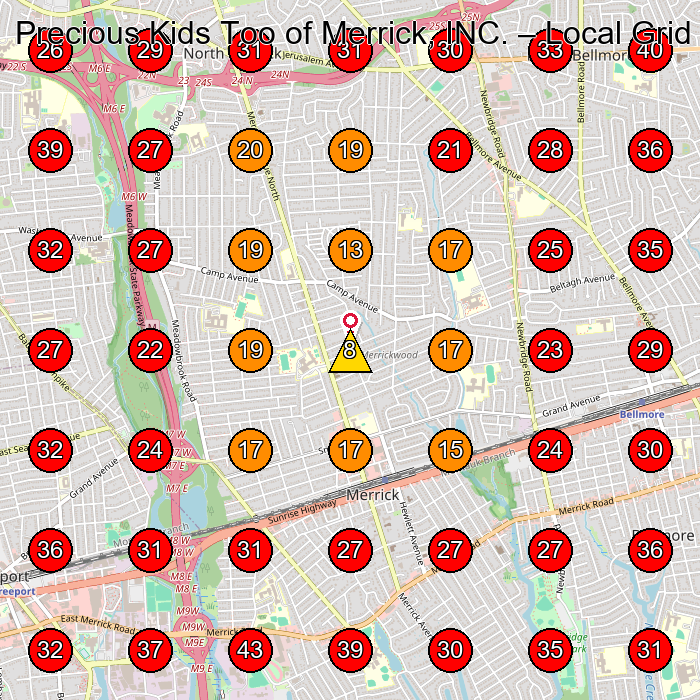 Precious Kids Too of Merrick, INC. GeoGrid visibility map for Day Care Center in Bellmore
